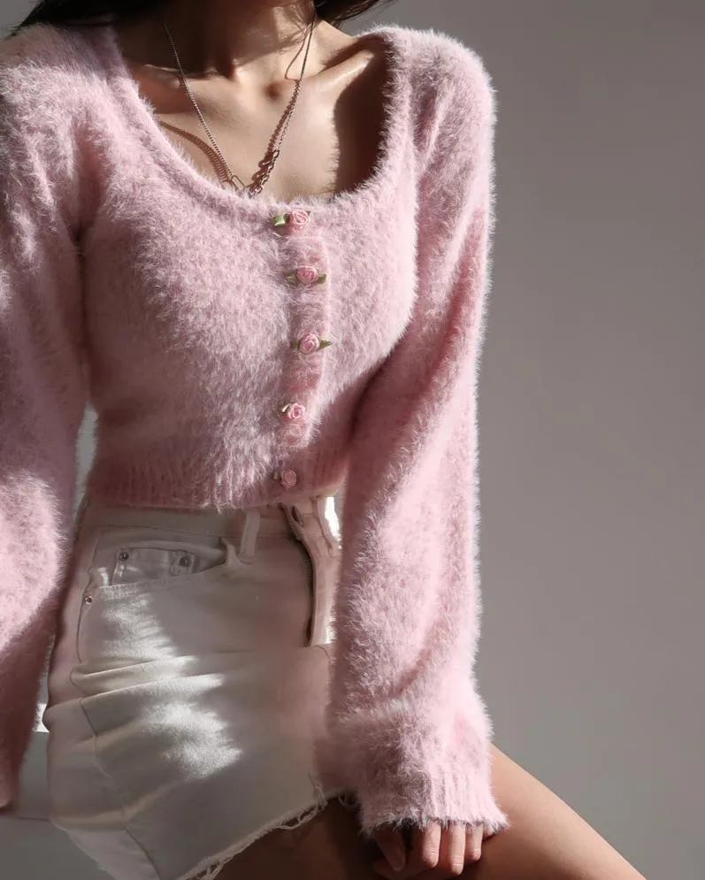 Aria Rose Button Fuzzy Crop Cardigan