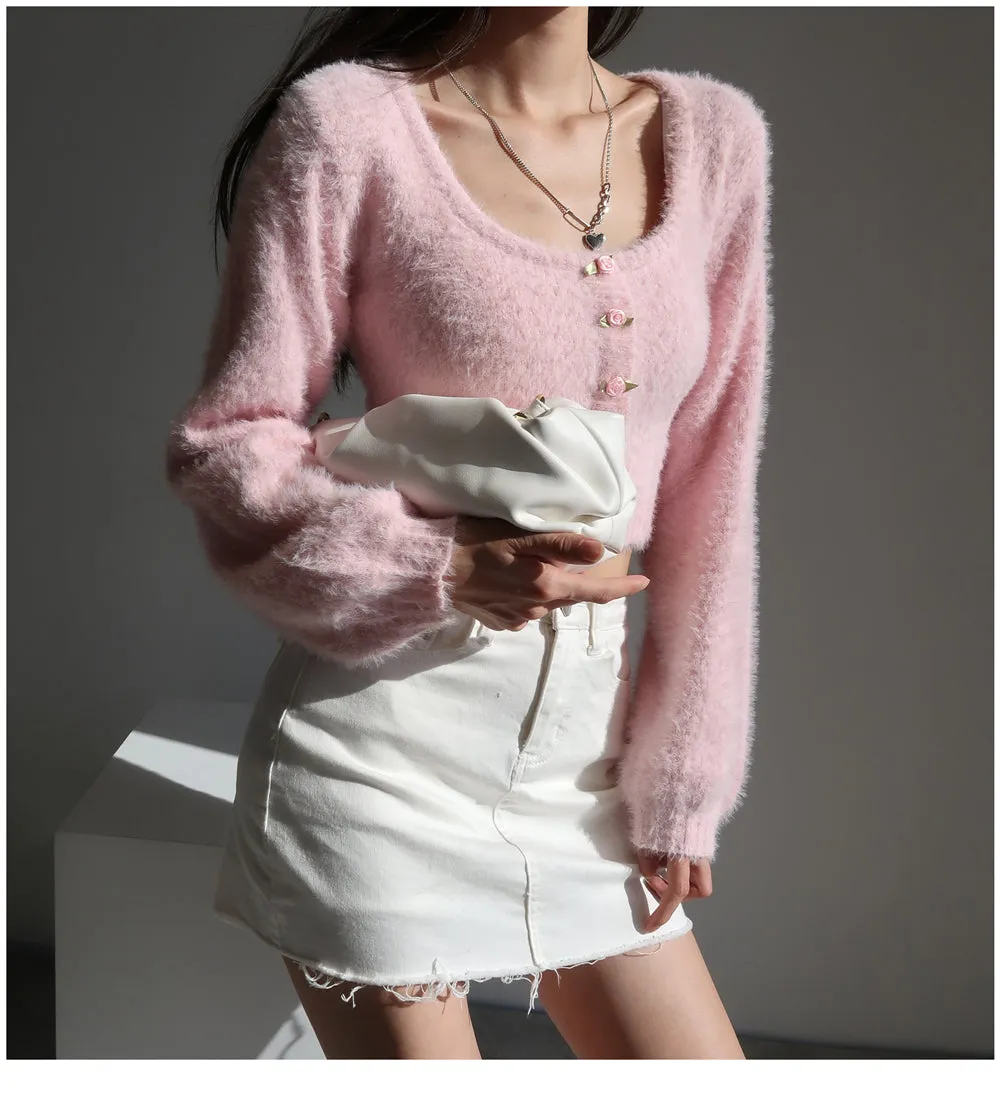 Aria Rose Button Fuzzy Crop Cardigan