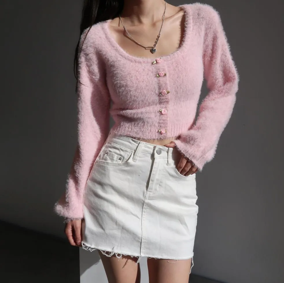 Aria Rose Button Fuzzy Crop Cardigan