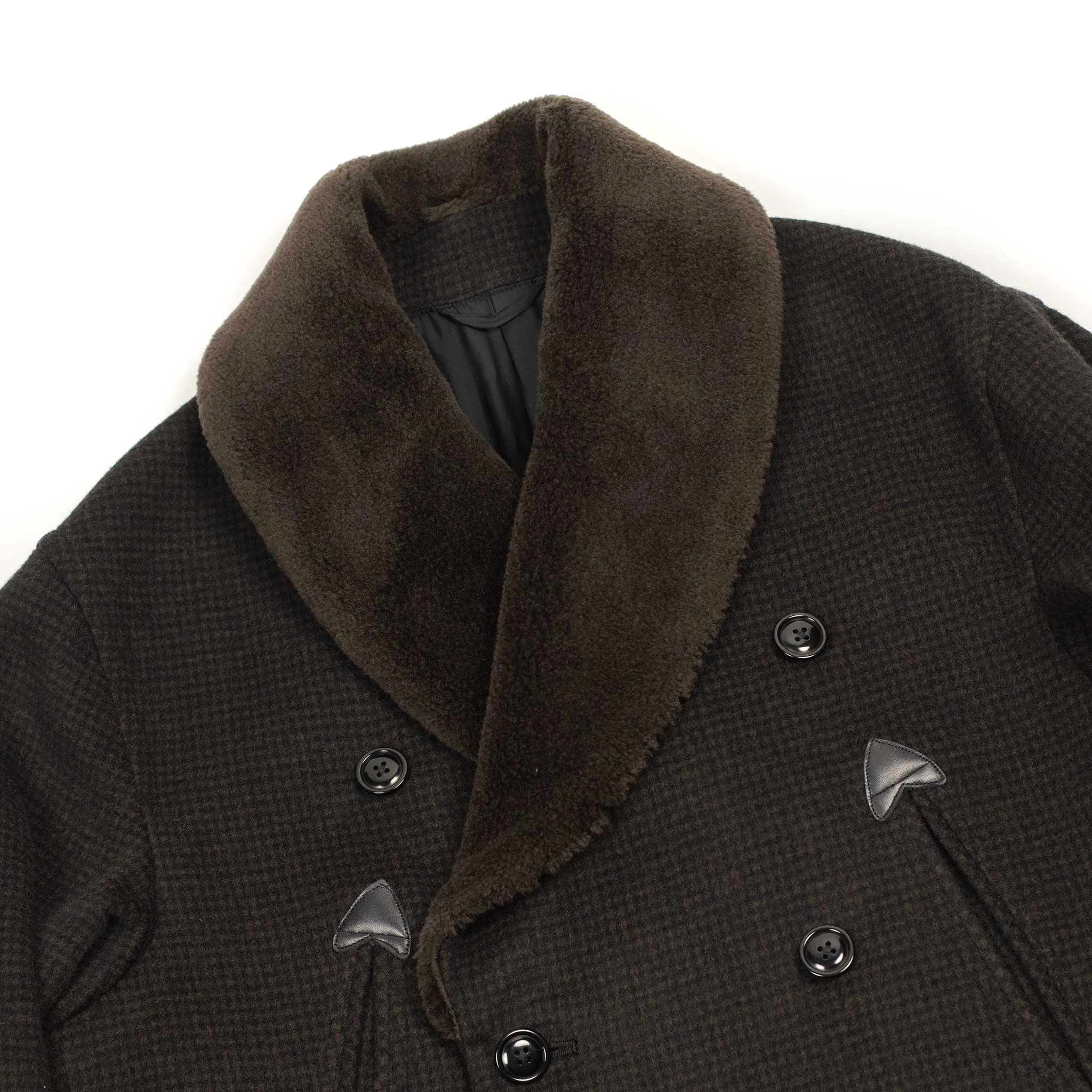 Beaver Mackinaw coat in brown and black houndstooth wool