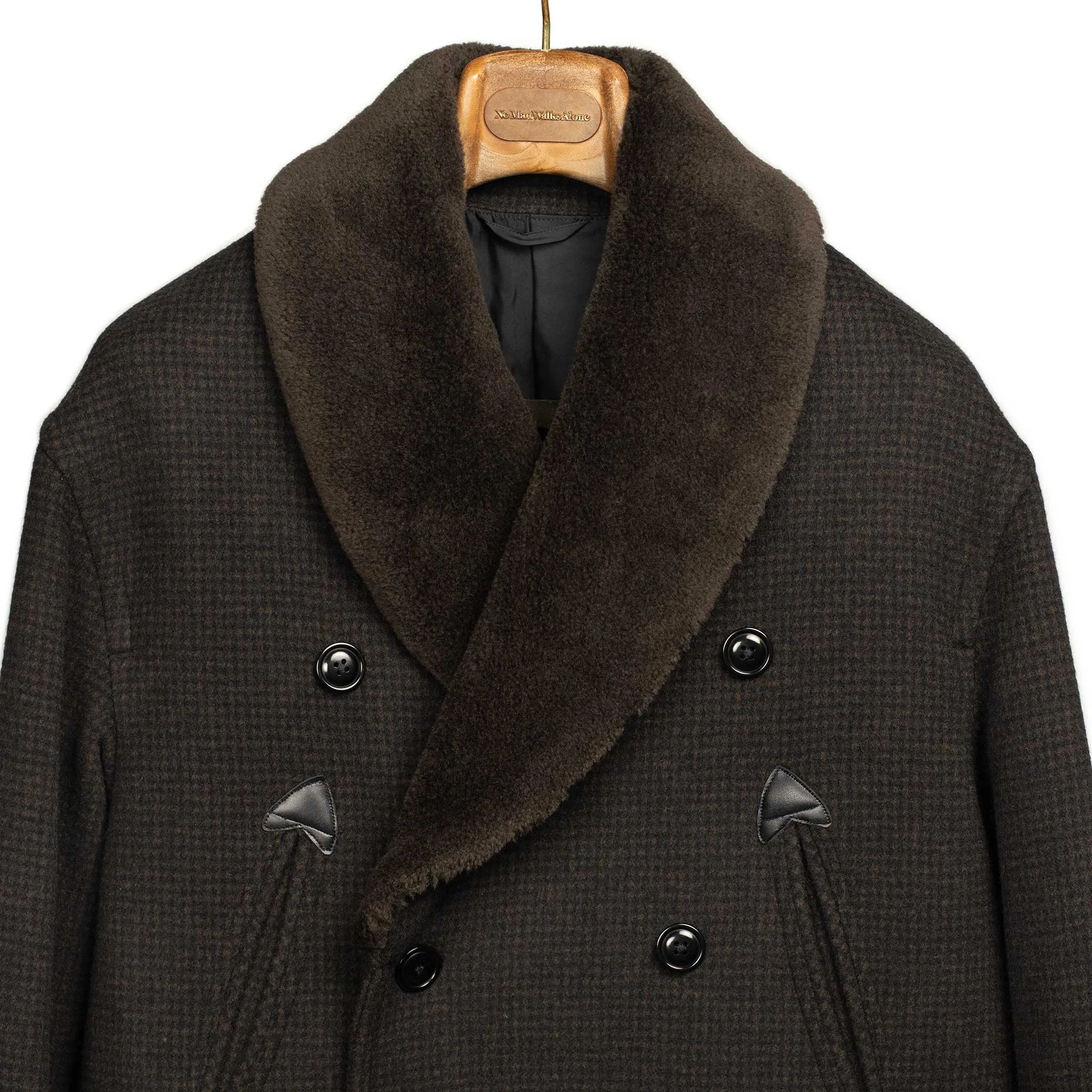 Beaver Mackinaw coat in brown and black houndstooth wool