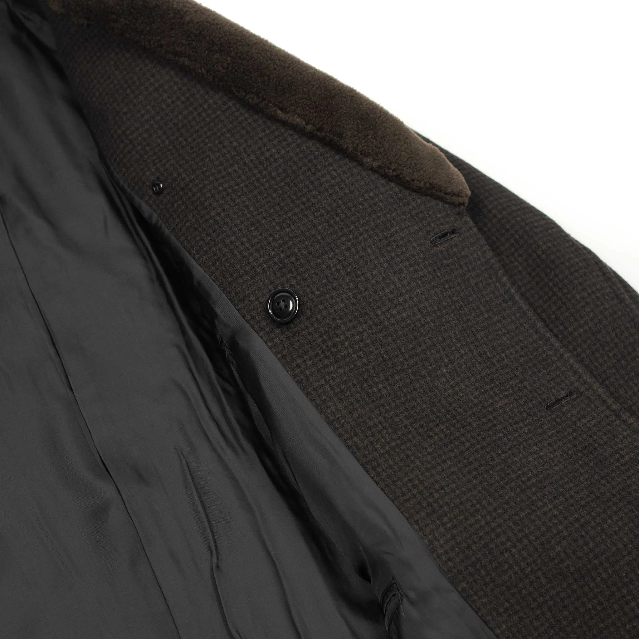 Beaver Mackinaw coat in brown and black houndstooth wool