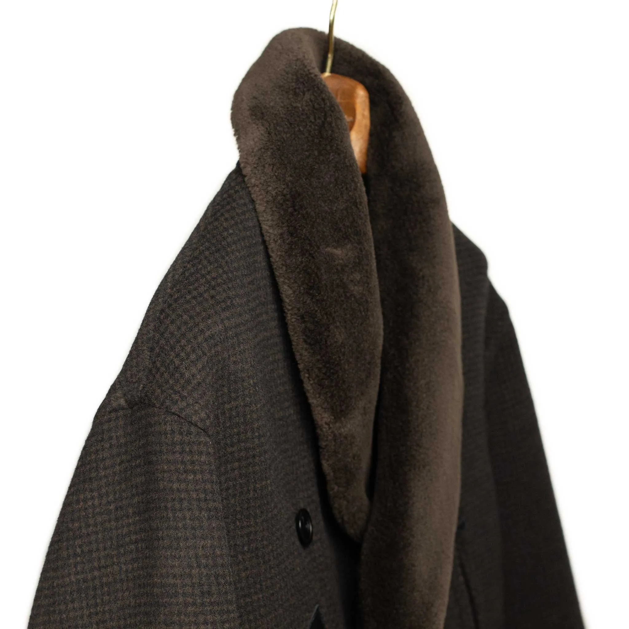 Beaver Mackinaw coat in brown and black houndstooth wool