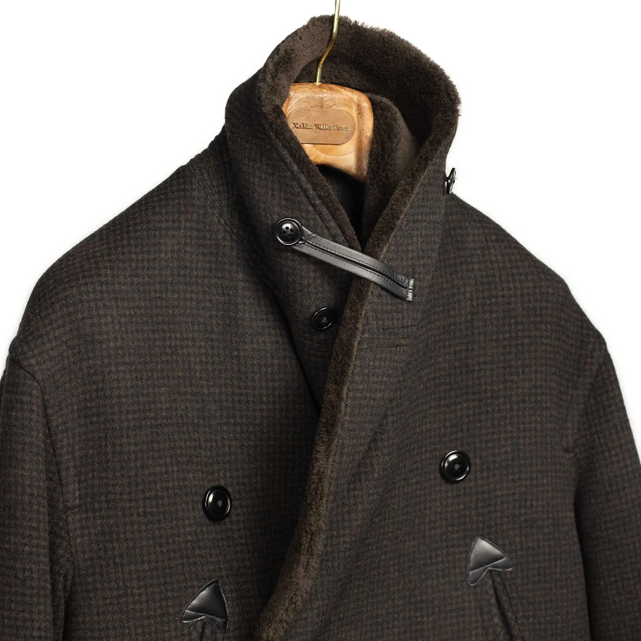 Beaver Mackinaw coat in brown and black houndstooth wool