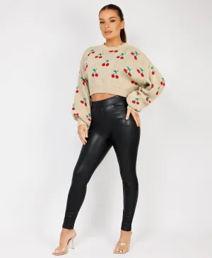 Beige Cherry Detail Oversized Cropped Knitted Jumper