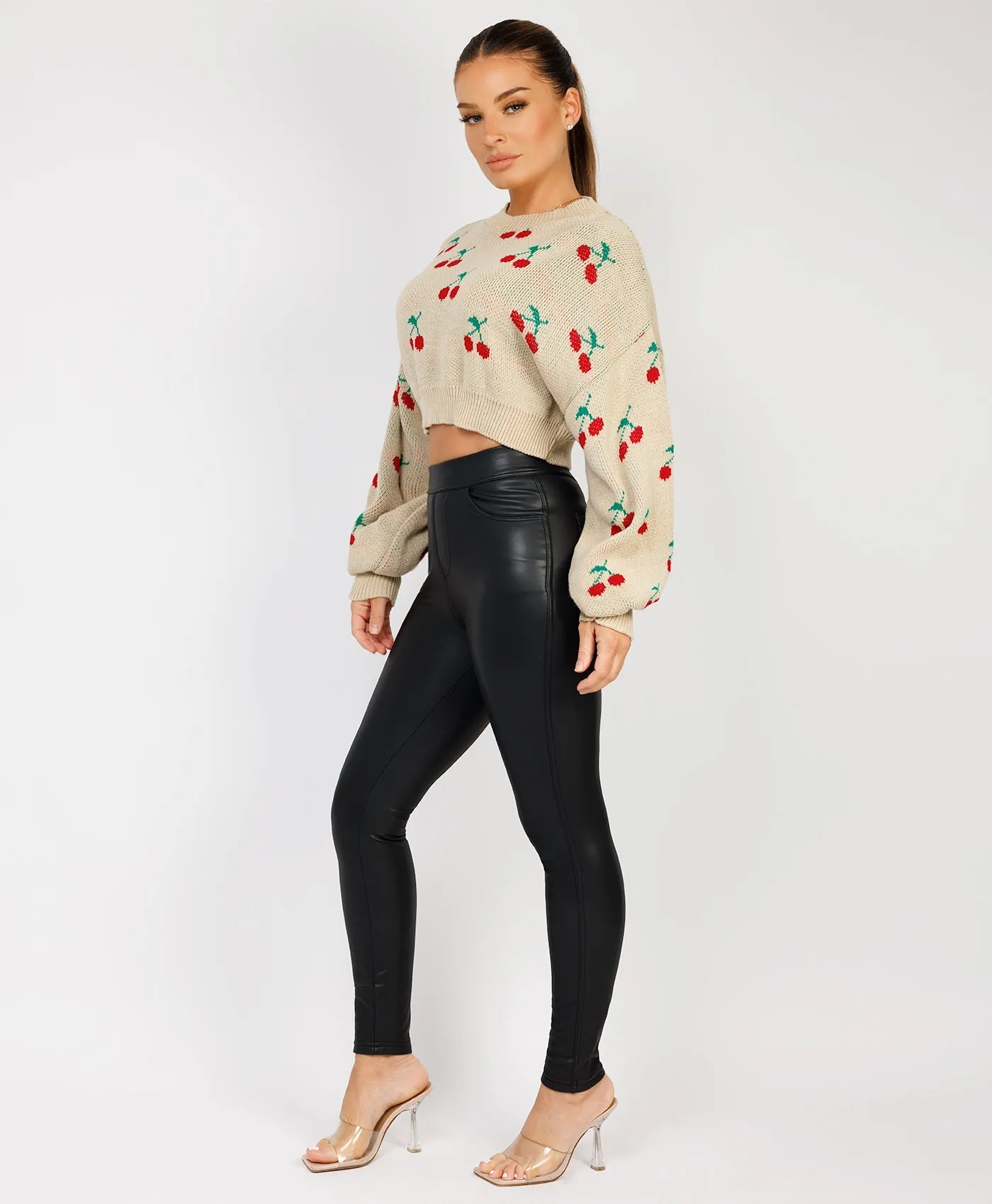 Beige Cherry Detail Oversized Cropped Knitted Jumper