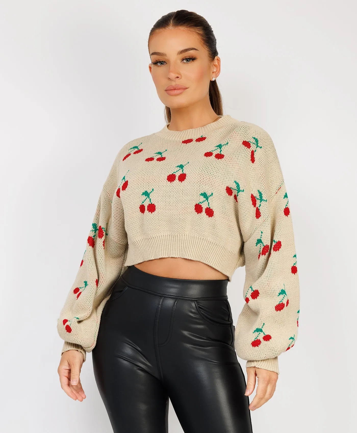 Beige Cherry Detail Oversized Cropped Knitted Jumper