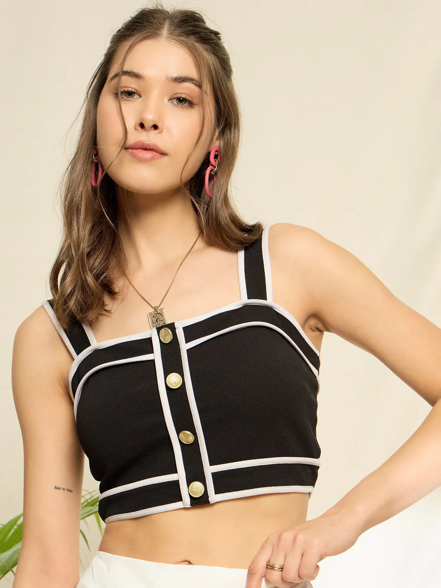 Berrylush Women Solid Black & White Square Neck Sleeveless Front Button-Up Contrast Trim Knitted Crop Top