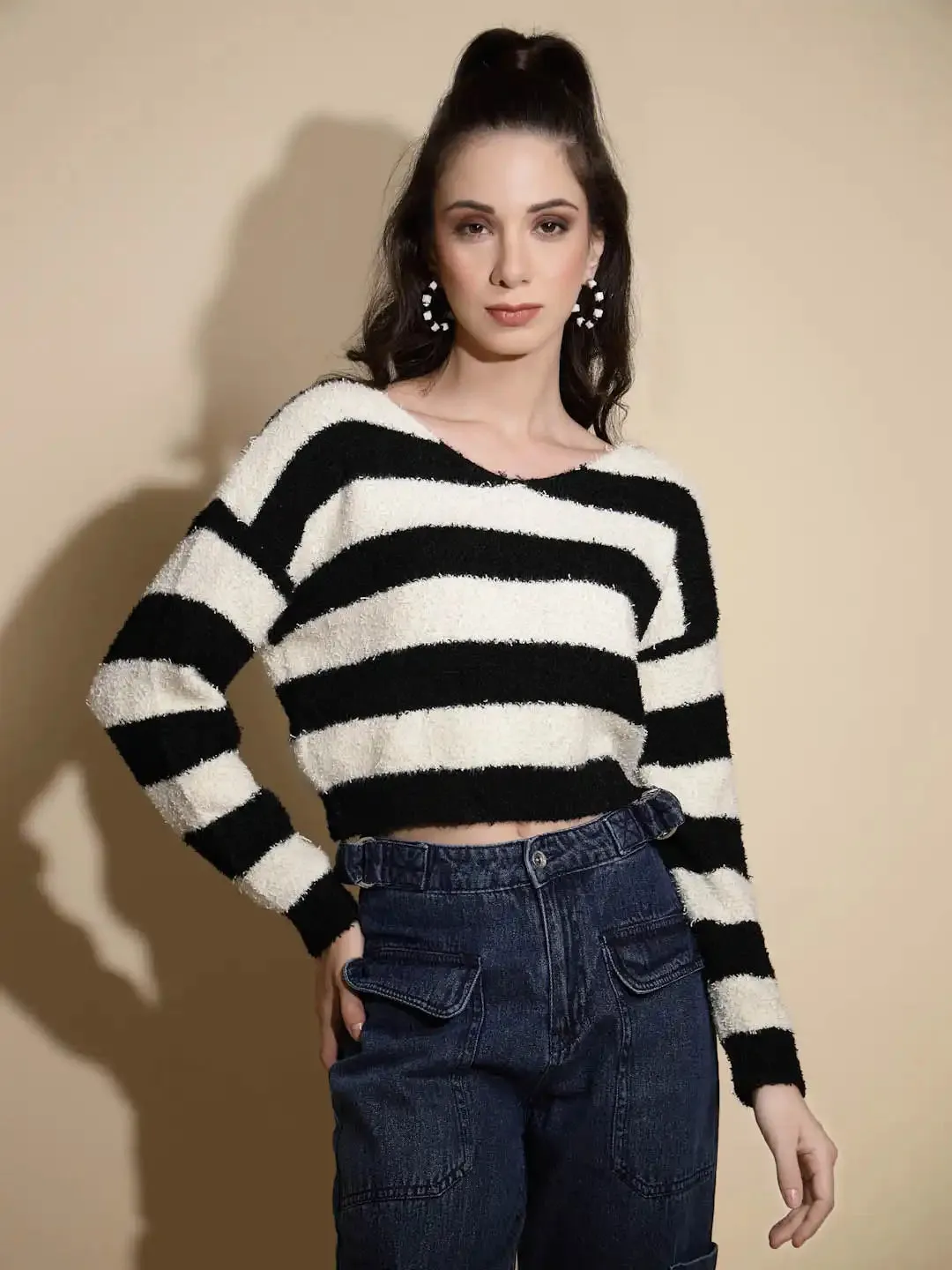 Black & Cream Striped Full Sleeve Round Neck Acrylic Pullover