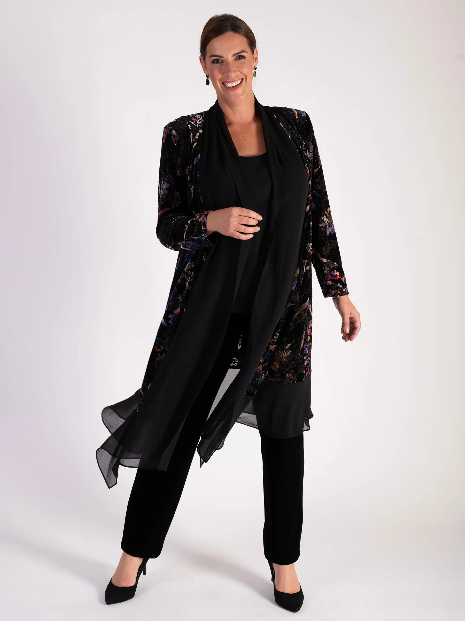 Black and Multi Floral Velvet Devoré Long Coat with Chiffon Trim