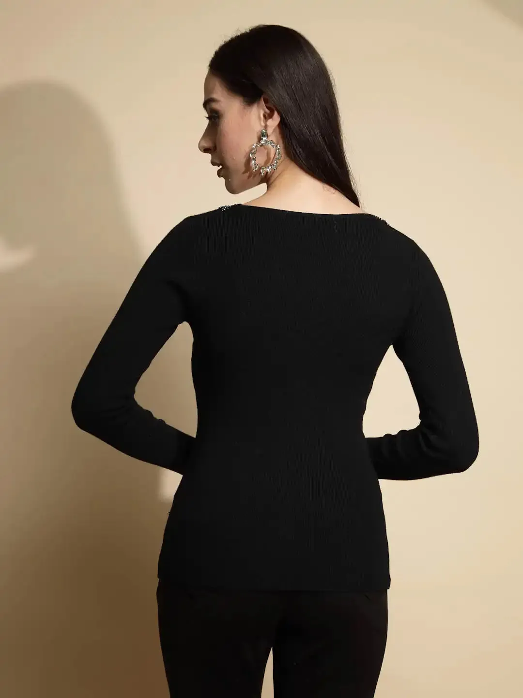 Black Embellished Full Sleeve V-Neck Casual Pullover