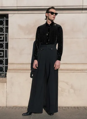 Black Wide Gold Button Buckle Flare Trousers