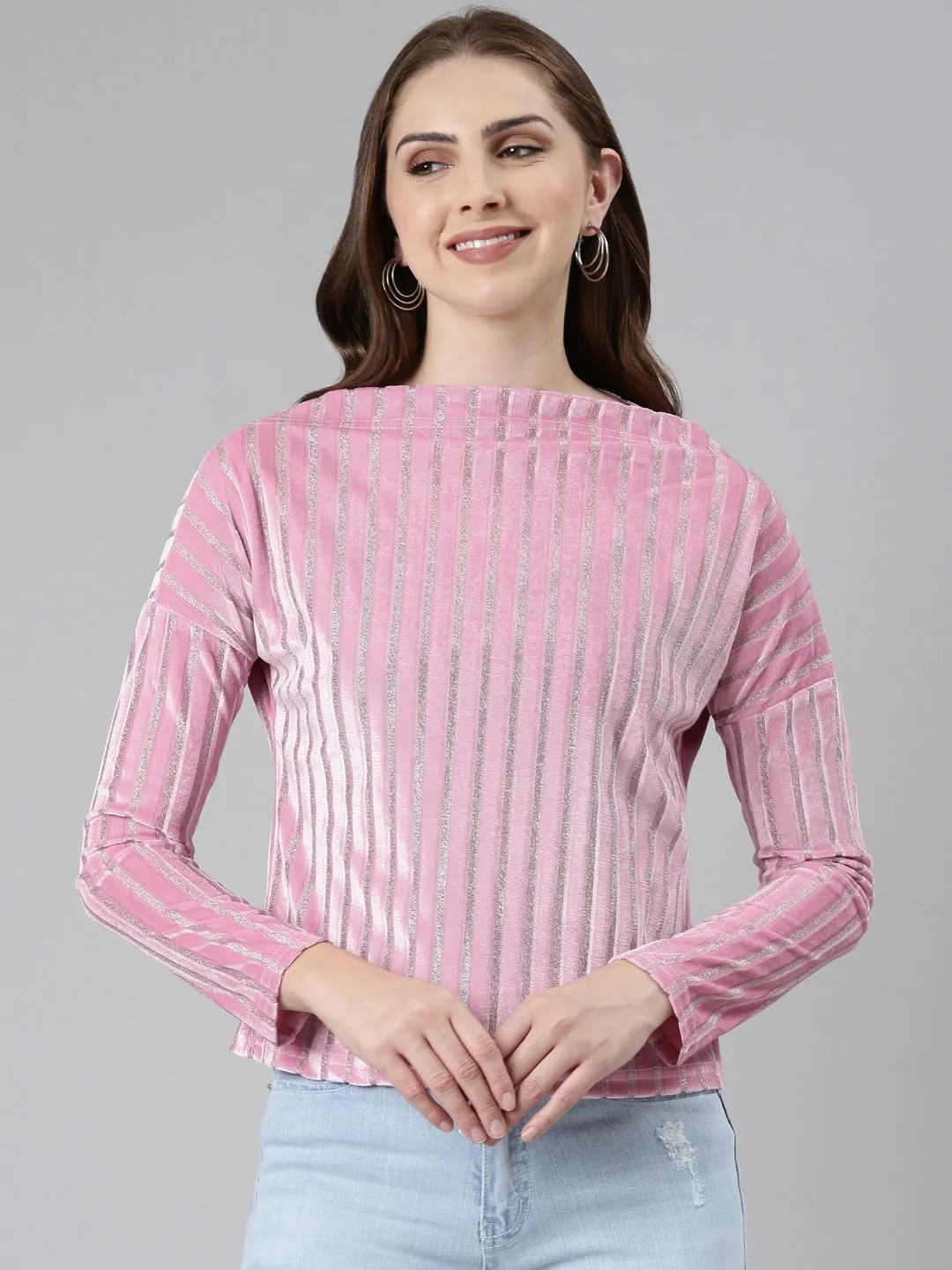 Boat Neck Embellished Pink Regular Top