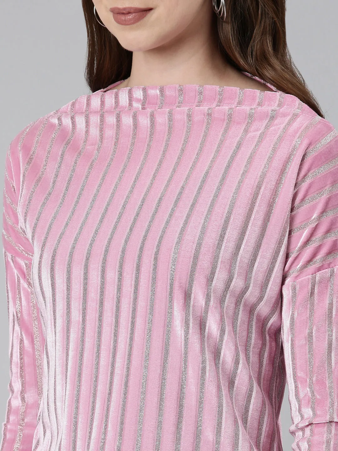 Boat Neck Embellished Pink Regular Top