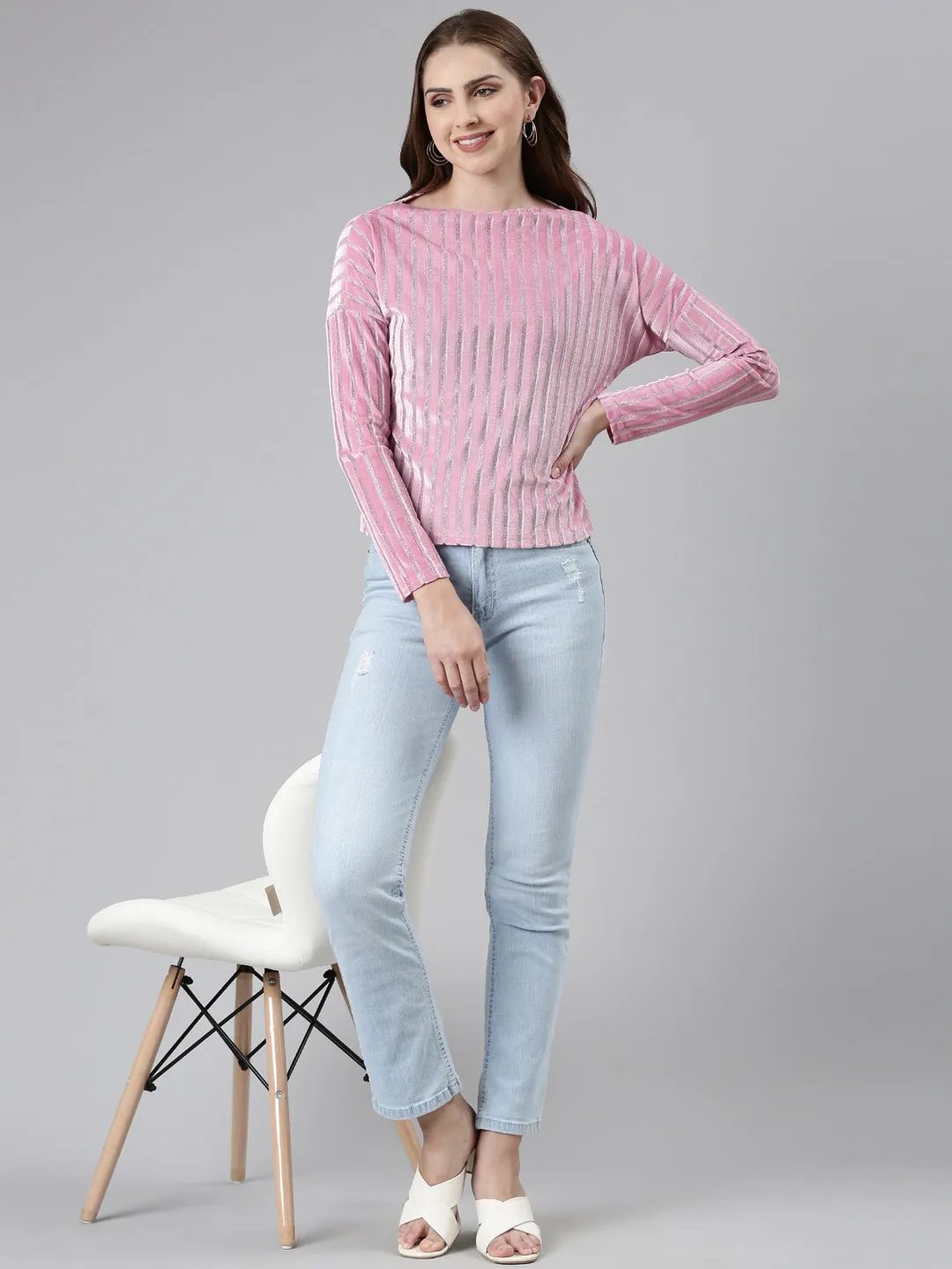 Boat Neck Embellished Pink Regular Top