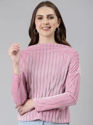 Boat Neck Embellished Pink Regular Top