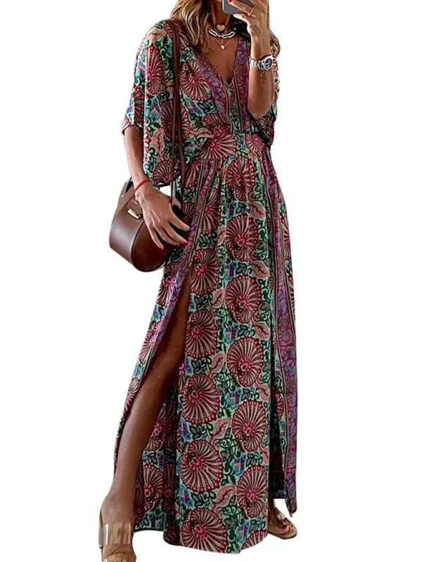 Bohemian Floral Print V-Neck Midi Summer Dress for Women