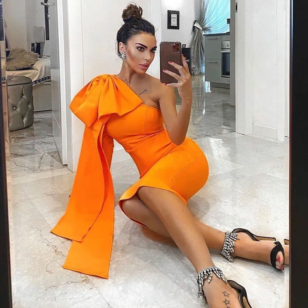 Bowknot One Shoulder Long Sleeve Bodycon Bandage Midi Dress - Burnt Orange