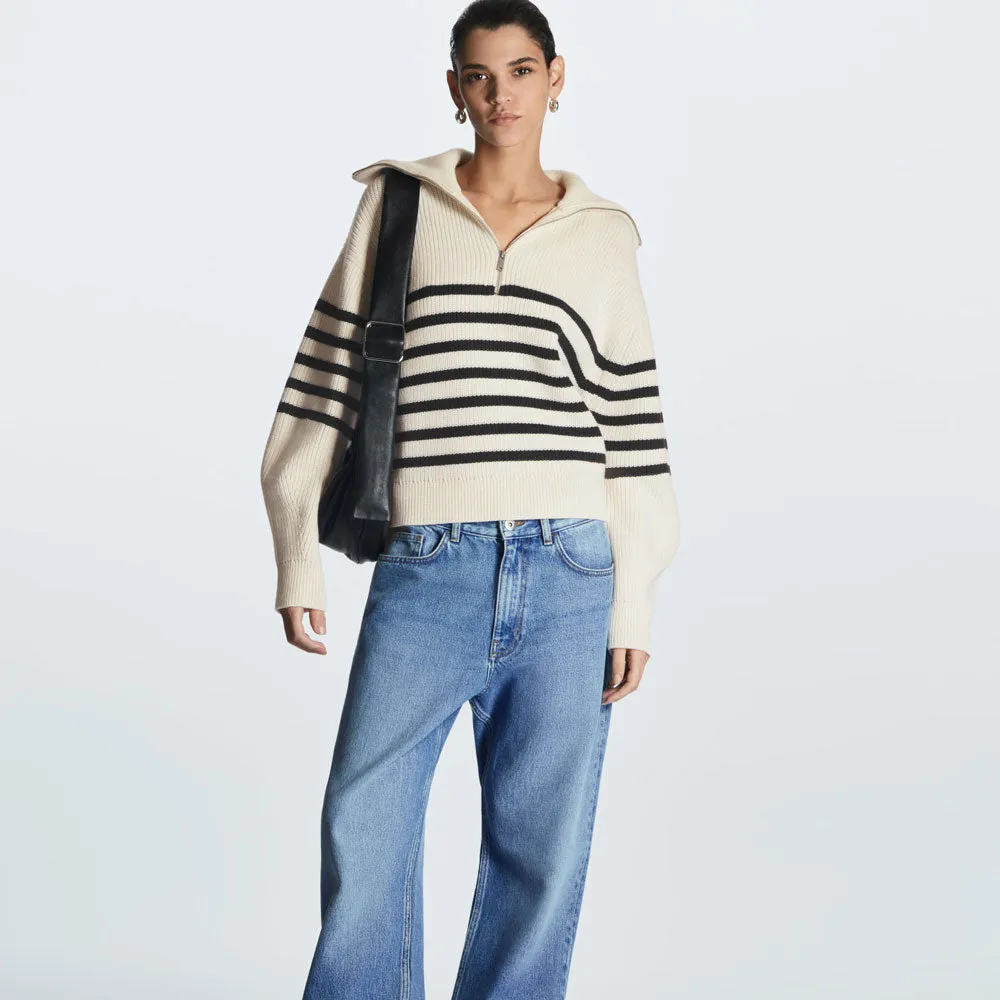 Breton Spread Collar Half Zip Black and Beige Striped Sweater