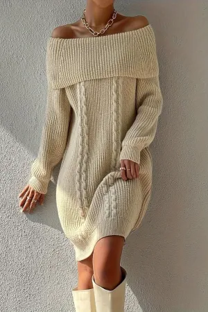 Cable Knit Off Shoulder Sweater Dress