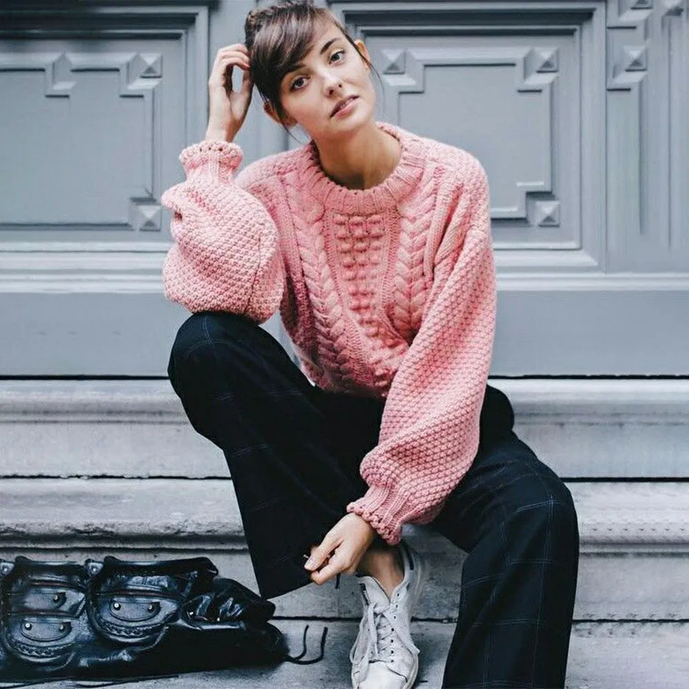 Cable Knit Scoop Long Bishop Sleeves Women Pink Chunky Sweater