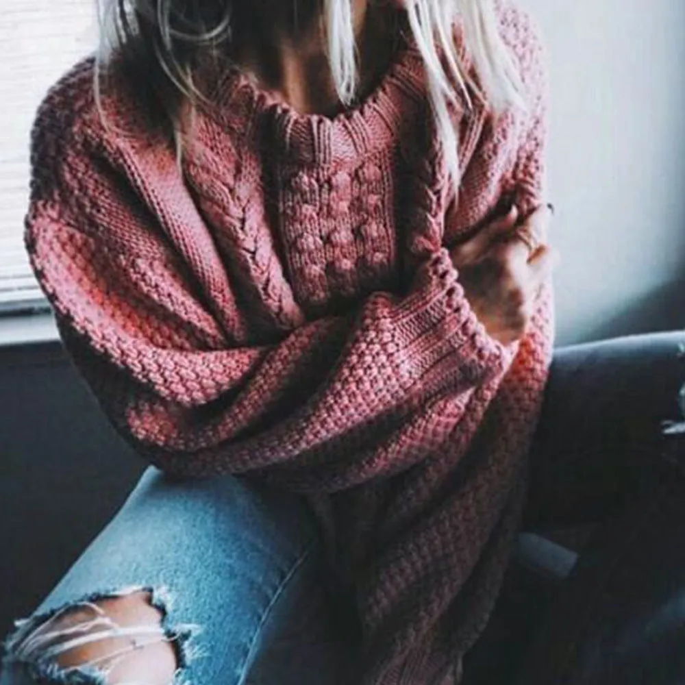 Cable Knit Scoop Long Bishop Sleeves Women Pink Chunky Sweater