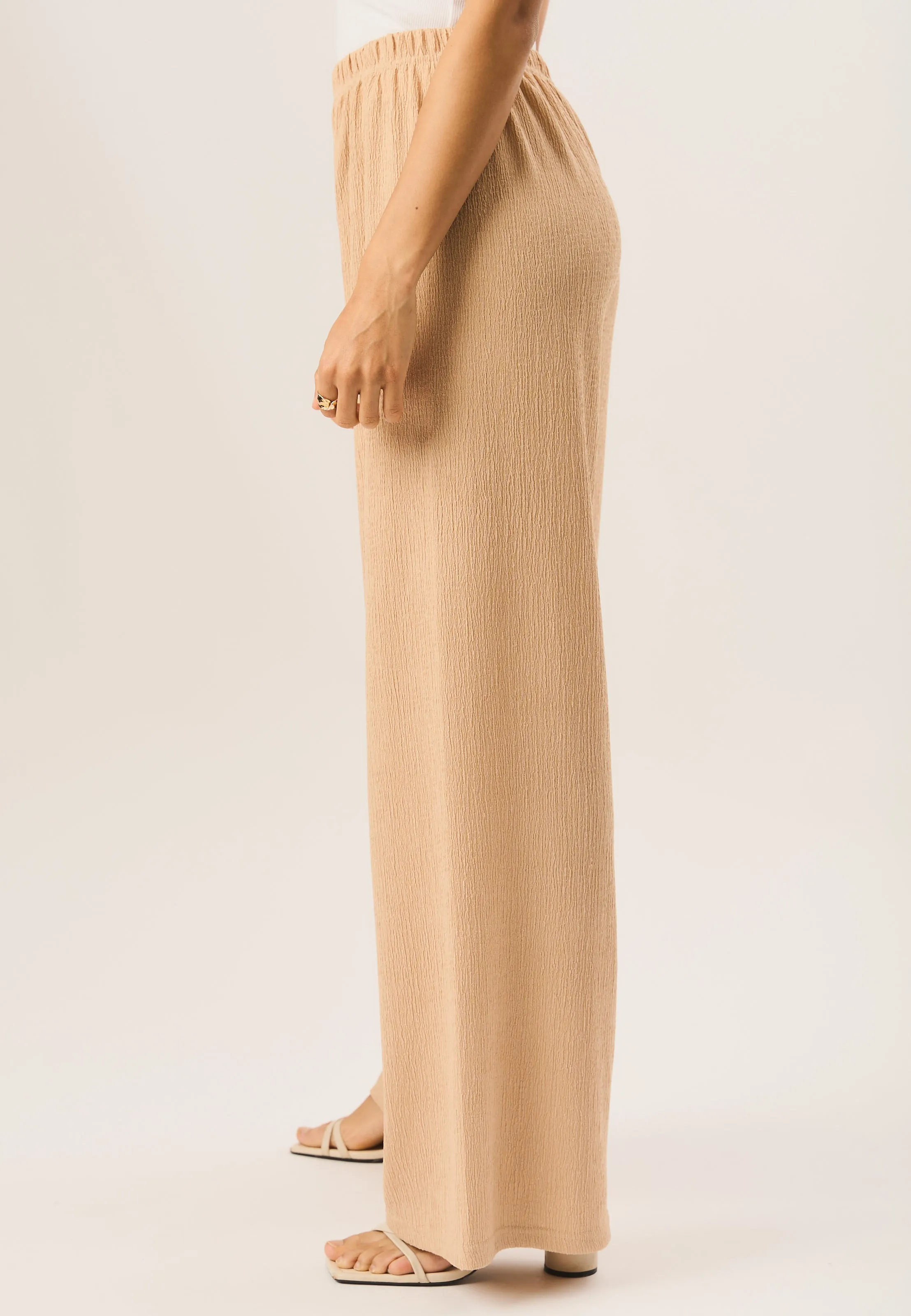 Camel Textured Pull On Wide Leg Trousers