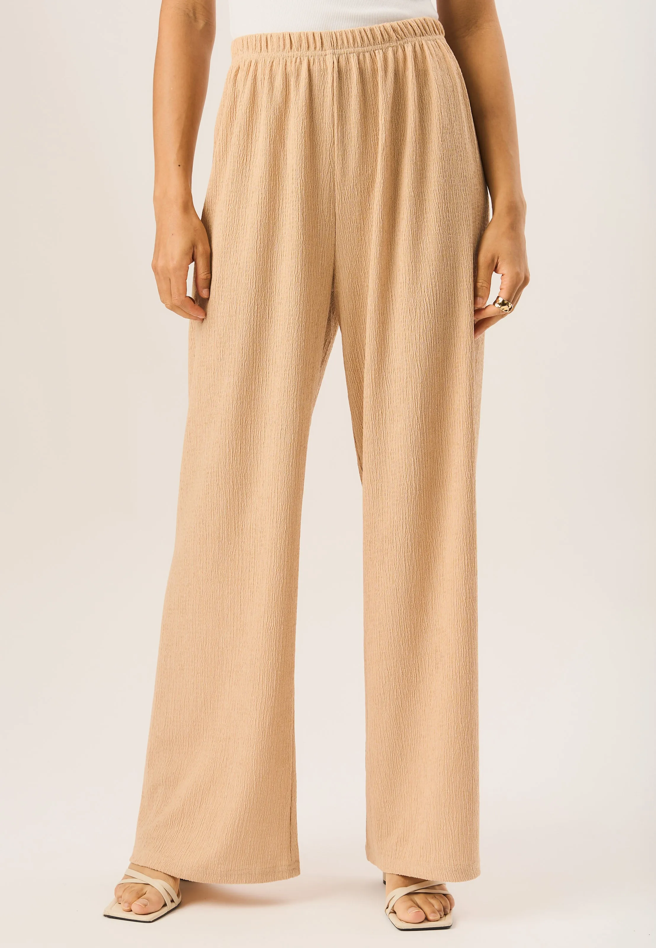 Camel Textured Pull On Wide Leg Trousers