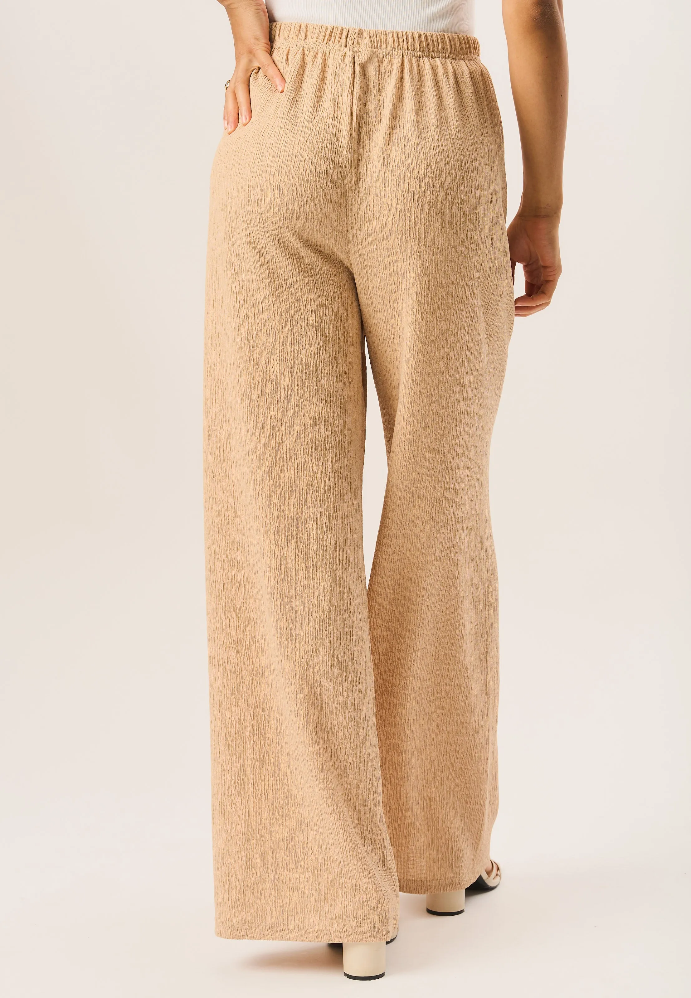 Camel Textured Pull On Wide Leg Trousers