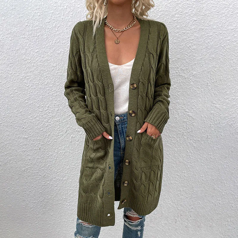 Casual Rib V Neck Button Up Long Sleeve Pocket Chunky Cable Knit Cardigan