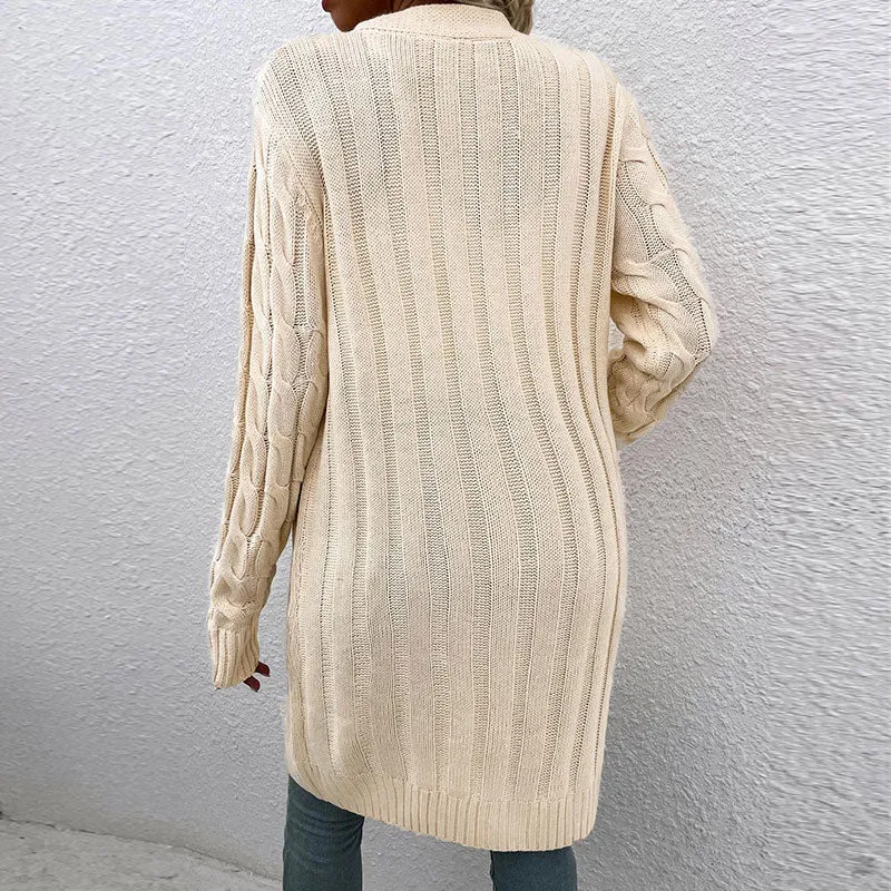 Casual Rib V Neck Button Up Long Sleeve Pocket Chunky Cable Knit Cardigan