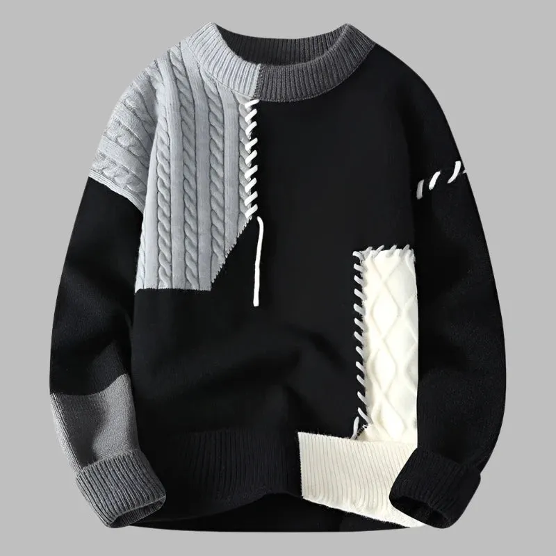 Casual Streetwear Pullover: Stylish Warmth Patchwork Men's Sweater