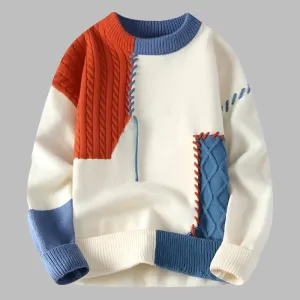 Casual Streetwear Pullover: Stylish Warmth Patchwork Men's Sweater