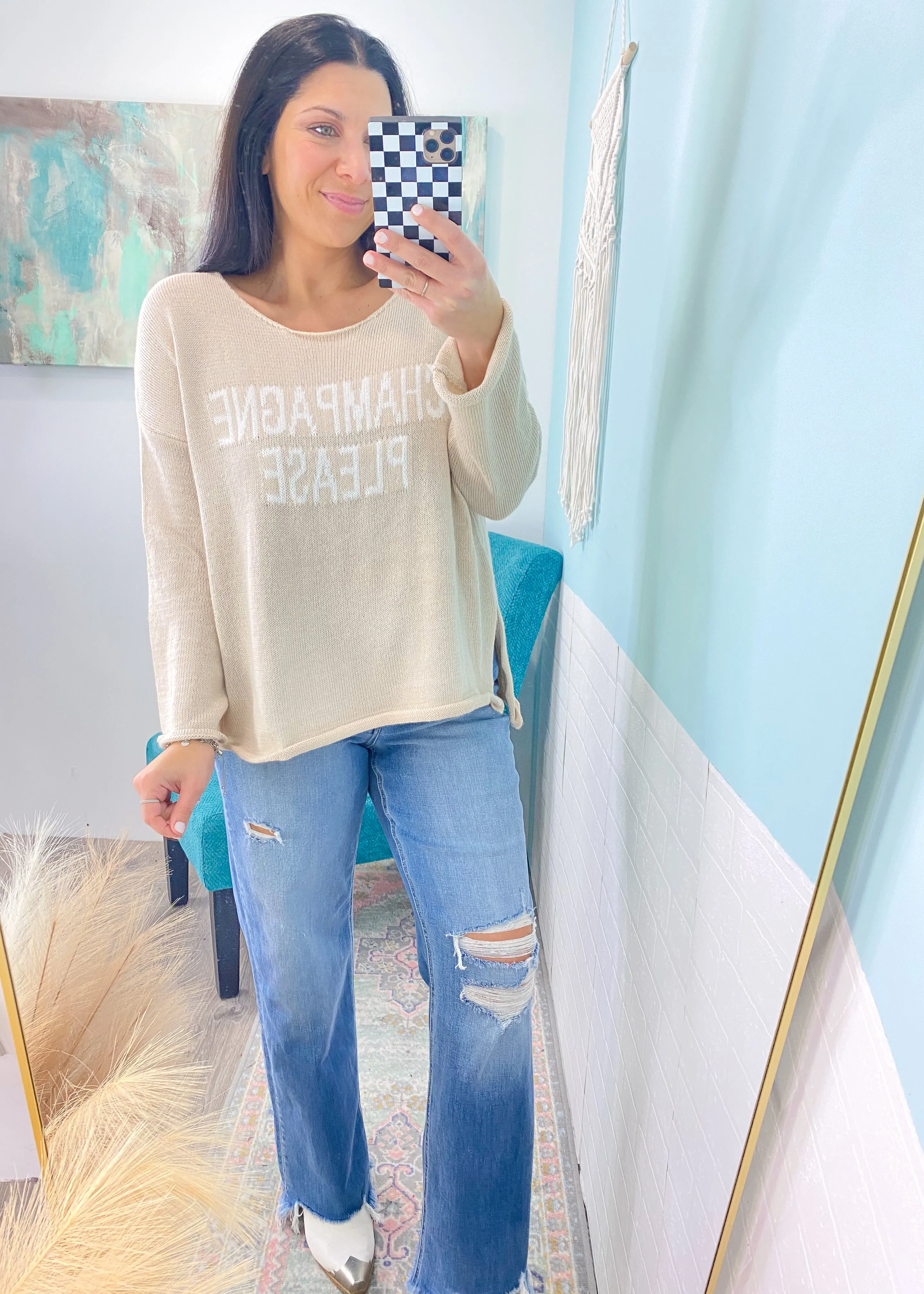 'Champagne Please' Beige & White Lightweight Sweater