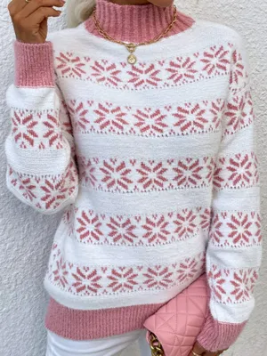 Christmas Knit Mock Neck Snowflake Thanksgiving Sweater Jumper