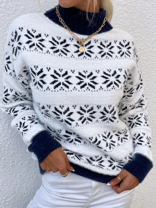 Christmas Knit Mock Neck Snowflake Thanksgiving Sweater Jumper