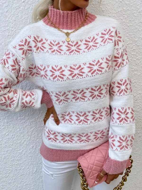 Christmas Knit Mock Neck Snowflake Thanksgiving Sweater Jumper