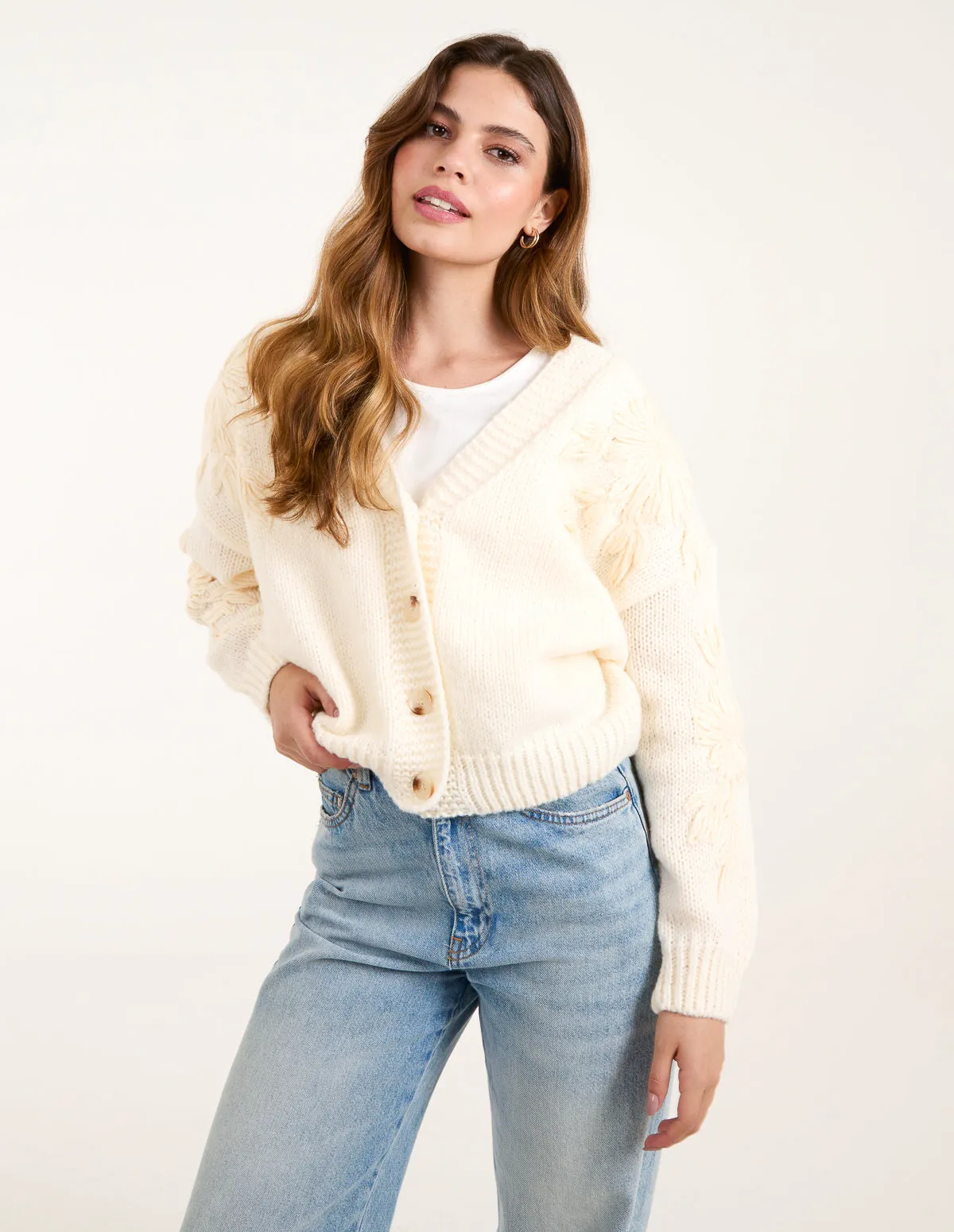 Chunky Flower Embroidery Knit Cardigan