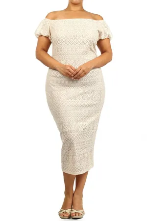 Cream Ivory Crochet Knit Off Shoulder Bodycon Midi Dress U.S.A