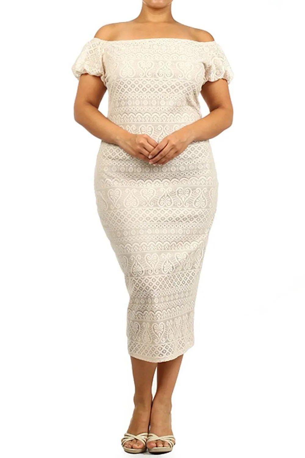 Cream Ivory Crochet Knit Off Shoulder Bodycon Midi Dress U.S.A