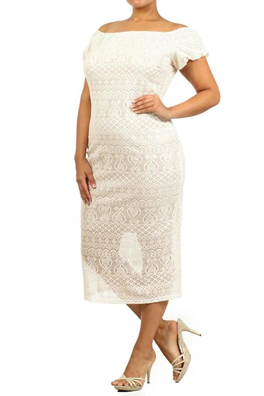 Cream Ivory Crochet Knit Off Shoulder Bodycon Midi Dress U.S.A