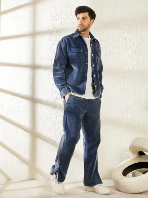 Denim Washed Cord Shacket and Trackpant Clothing Set