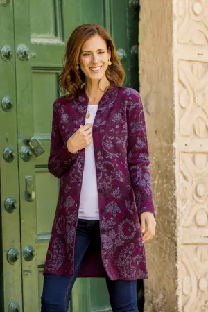 Dream Garden in Maroon Floral 100% Baby Alpaca Cardigan in Maroon from Peru