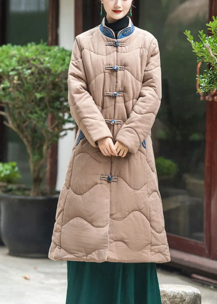 Elegant Khaki Stand Collar Embroideried Lengthen Fine Cotton Filled Witner Coat