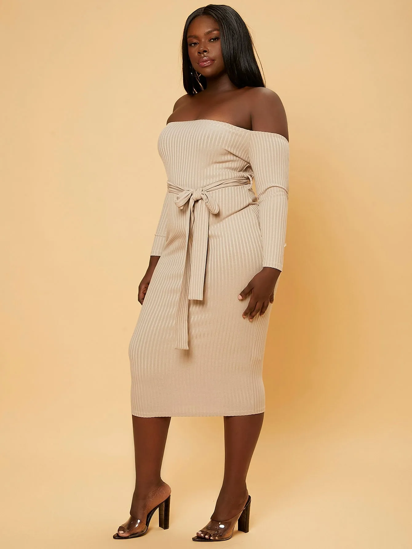 Elegant Plain Rib-Knit Long Sleeve Off The Shoulder Pencil Natural Midi Plus Size Dress