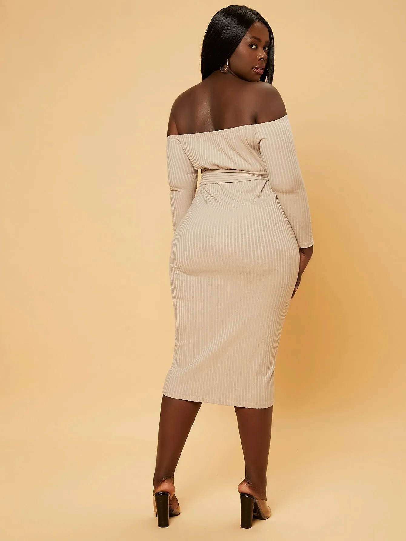 Elegant Plain Rib-Knit Long Sleeve Off The Shoulder Pencil Natural Midi Plus Size Dress