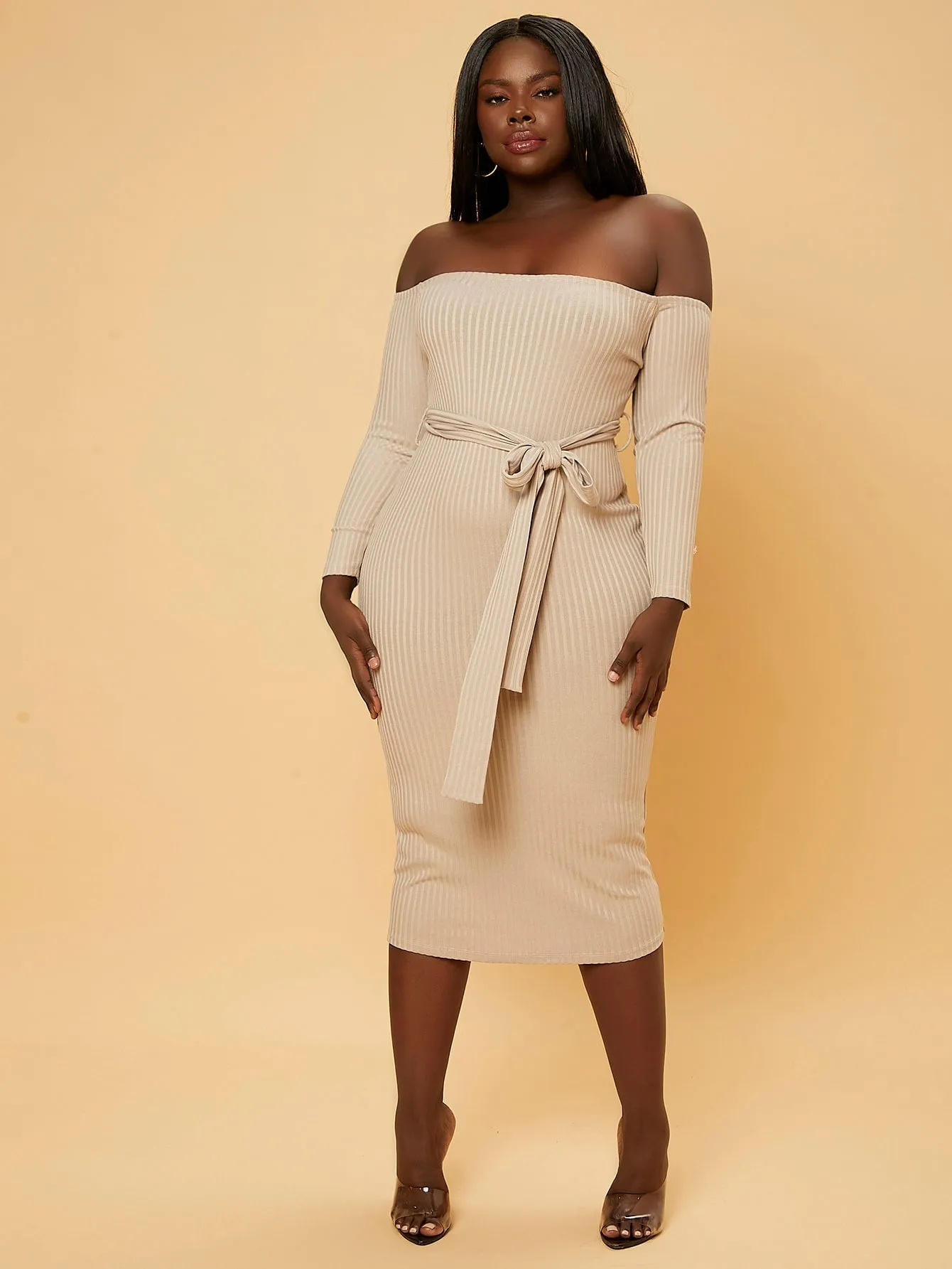 Elegant Plain Rib-Knit Long Sleeve Off The Shoulder Pencil Natural Midi Plus Size Dress