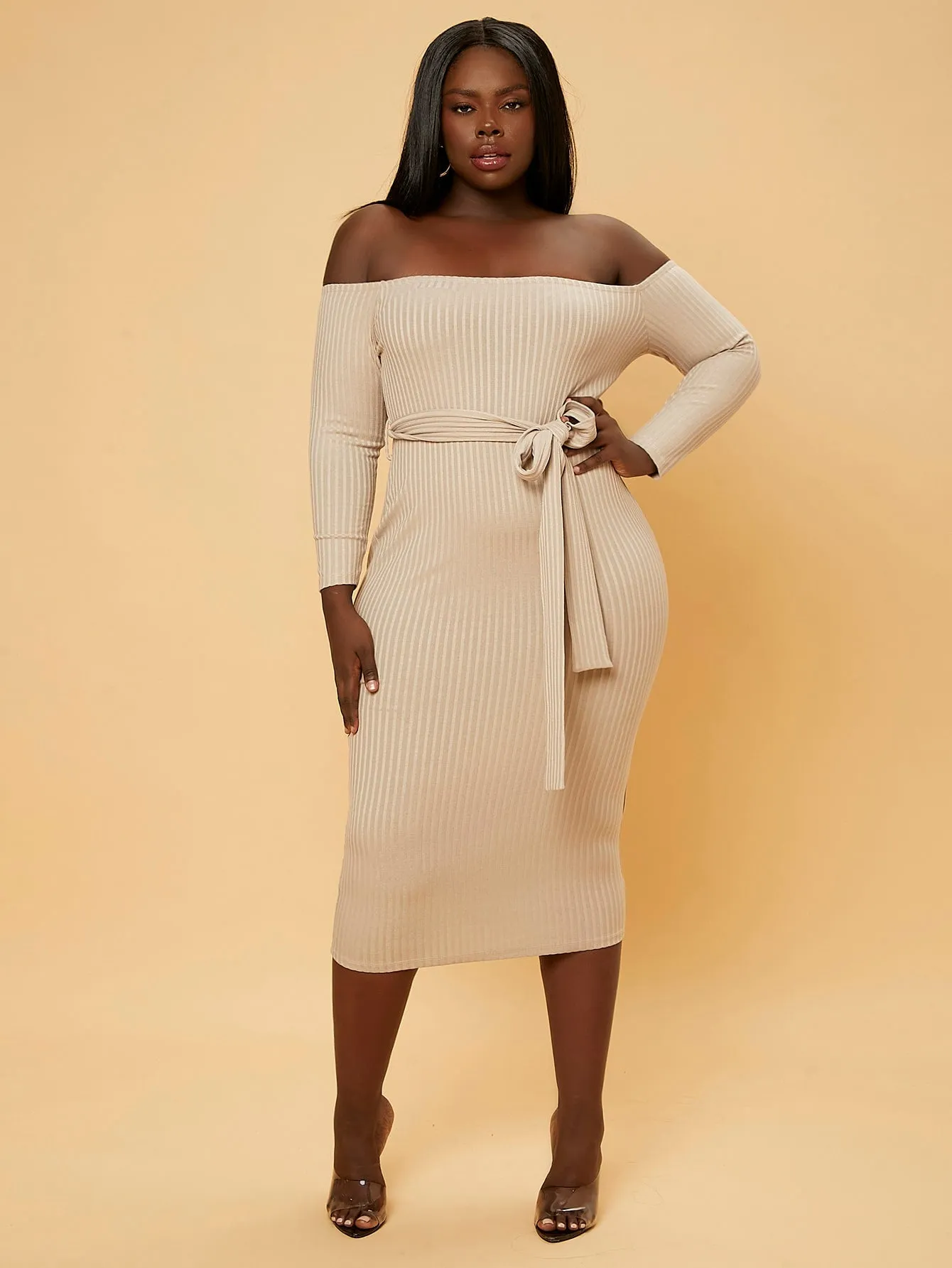 Elegant Plain Rib-Knit Long Sleeve Off The Shoulder Pencil Natural Midi Plus Size Dress