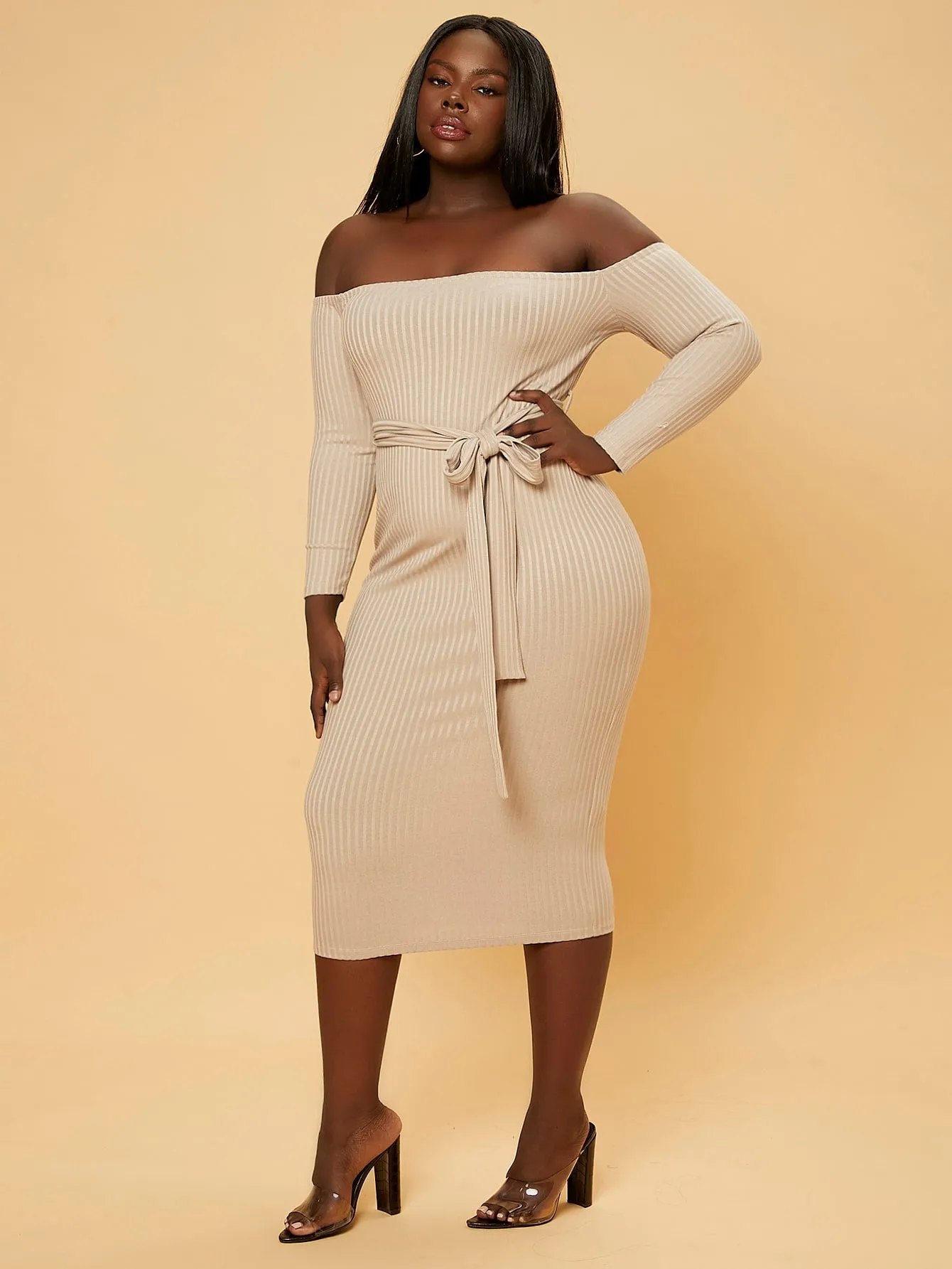 Elegant Plain Rib-Knit Long Sleeve Off The Shoulder Pencil Natural Midi Plus Size Dress