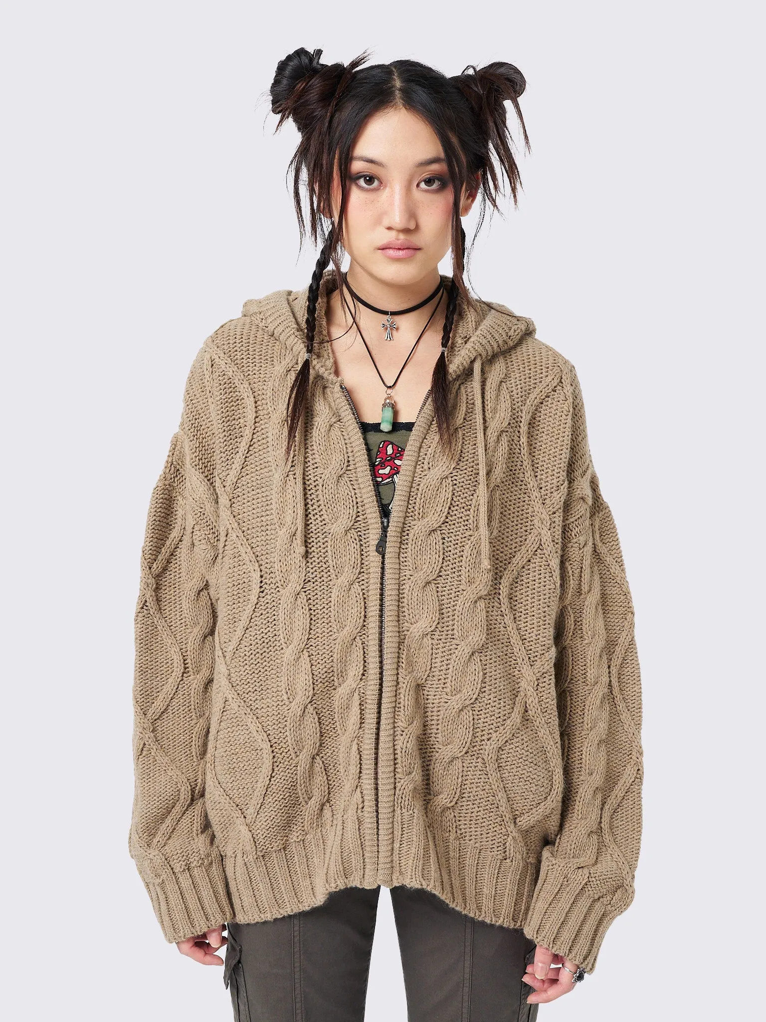 Eli Beige Zip Up Cable Knit Cardigan